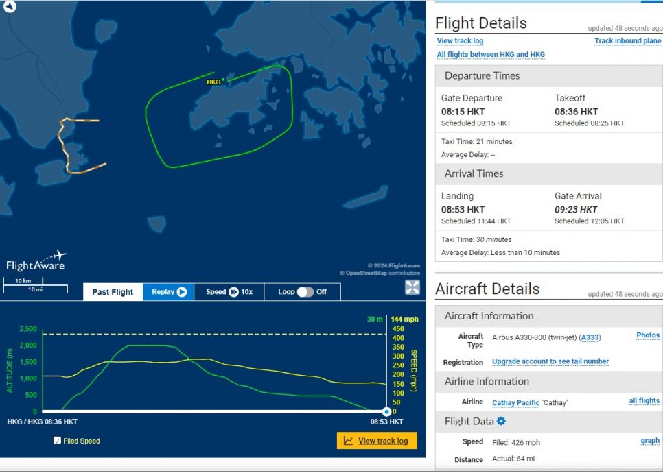 国泰飞槟城客机疑机舱冒烟 紧急折返香港