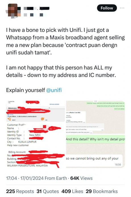 女子不满个资外泄第三方知晓宽频合约结束 Unifi:会调查