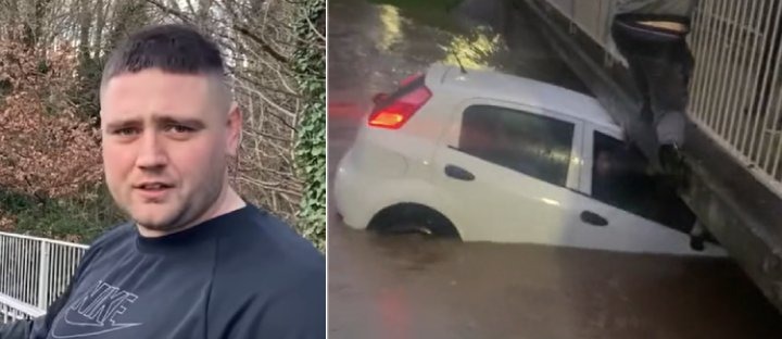 汽车因洪水沉入河中 英雄成功施救幼儿和妈妈