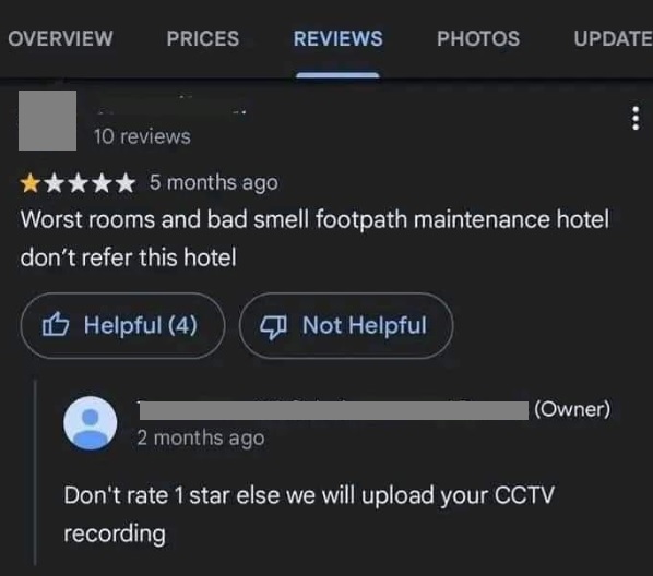 住客不满给1星差评 酒店业者竟威胁要公开CCTV画面?