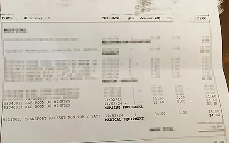 供星洲网／在急诊室等候要给钱，仪器运输也要付钱！患者不满不合理收费