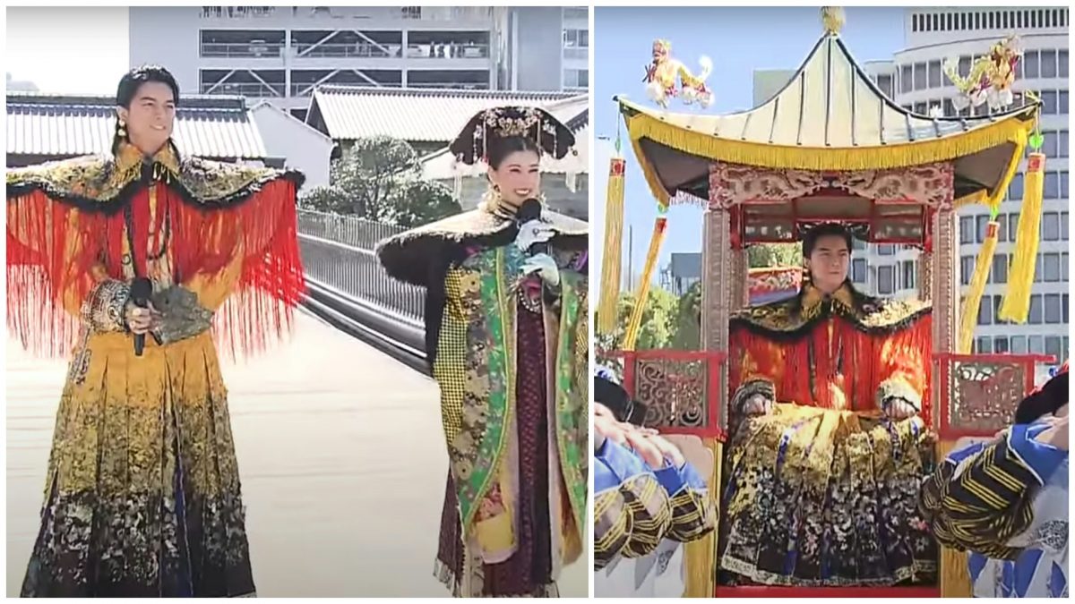 日本长崎灯会贺新春 福山雅治“扮中国清朝皇帝”出巡22人抬轿