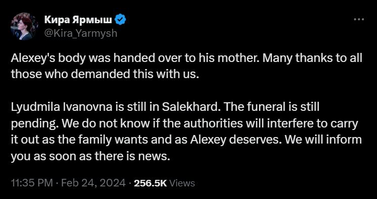 纳瓦尼遗体已交还母亲 葬礼方式仍未知