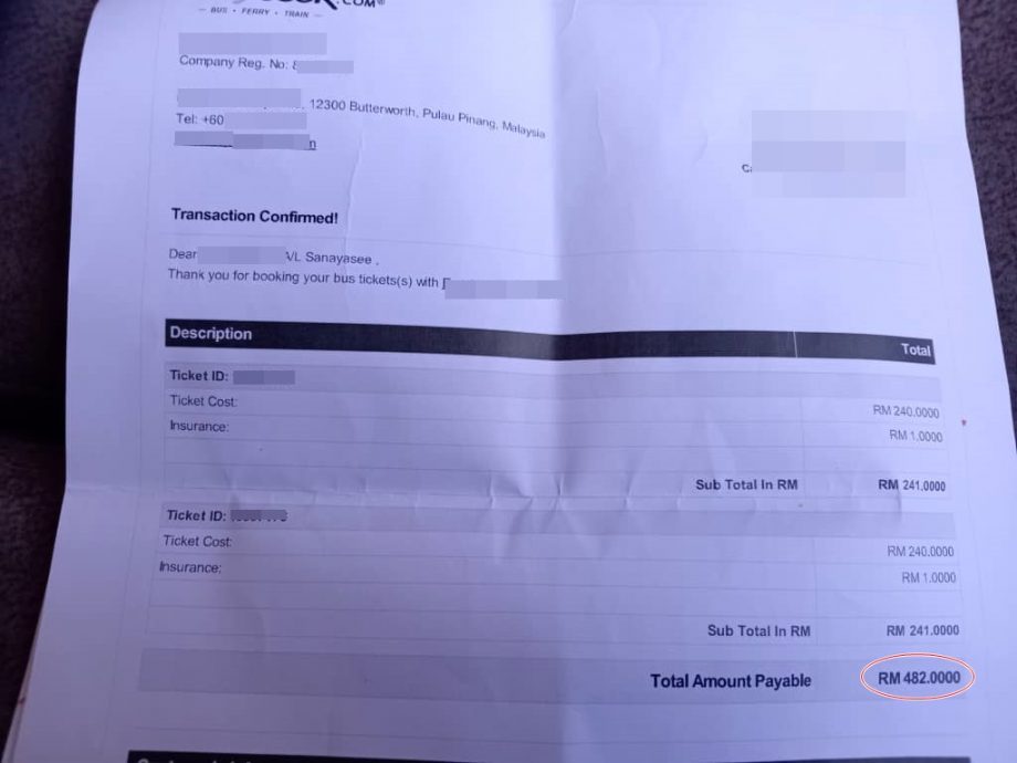 (全国版)订购春节往返霹柔长途巴士票,夫妇一共花了862令吉!