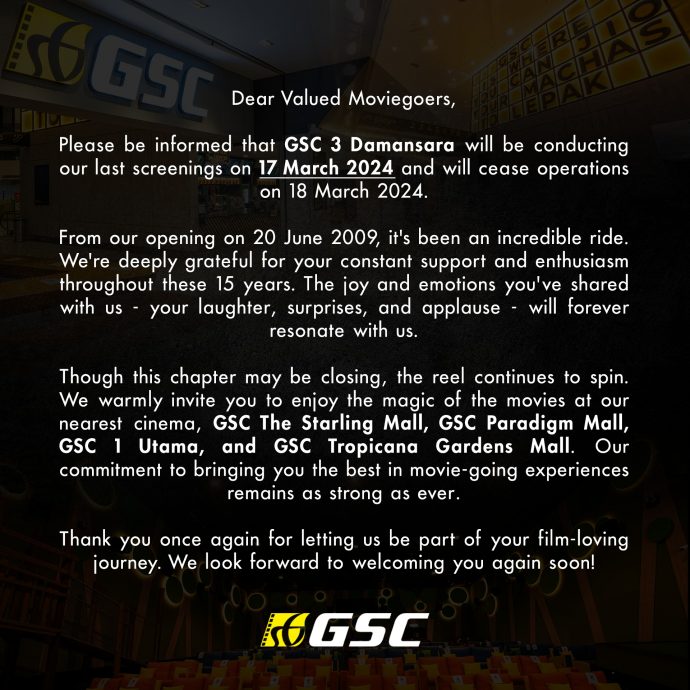 “感谢民众15年来的支持” 3 Damansara GSC电影院318停业