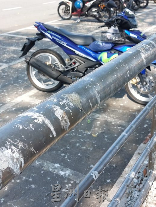 (古城第五版主文)满满的鸟粪落在英雄广场路边停车格及走廊