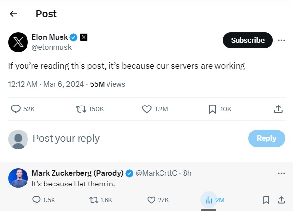 Meta大当机“马斯克发梗图狂酸 假“扎克伯格”回呛