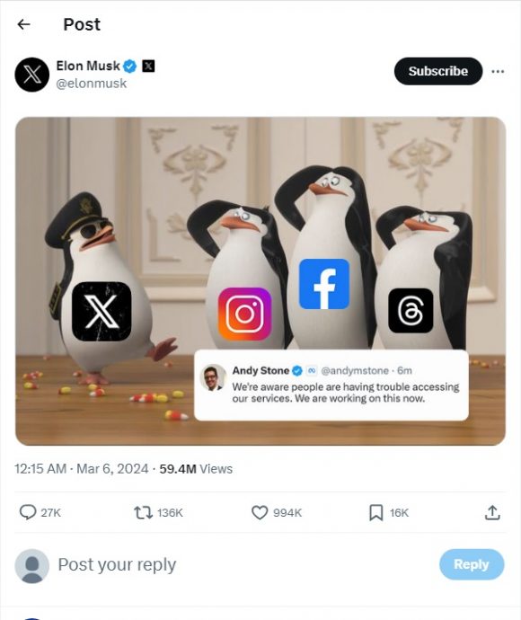 Meta大当机“马斯克发梗图狂酸 假“扎克伯格”回呛