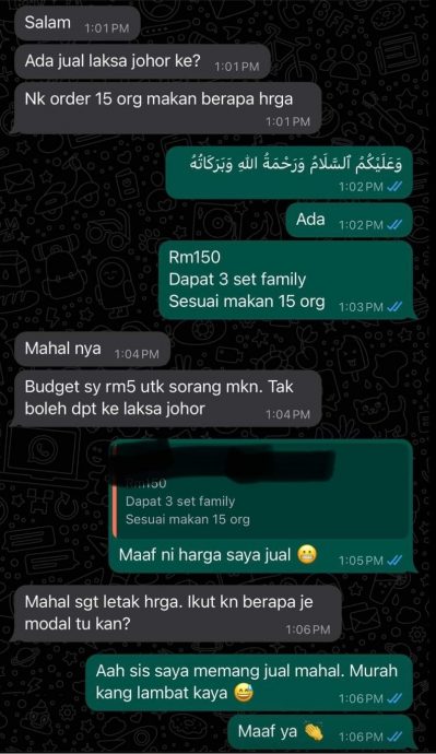15人份Laksa Johor RM150不合理?
卖家:嫌贵就自己煮