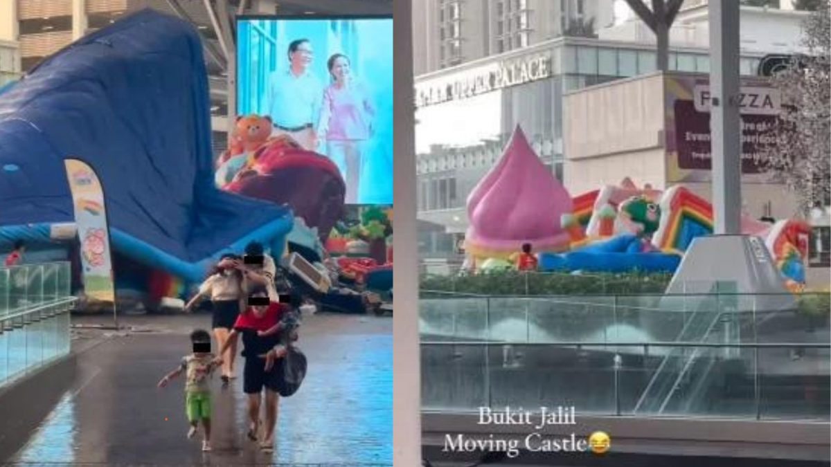 强风吹飞巨大充气城堡 民众飞奔商场内“避难”