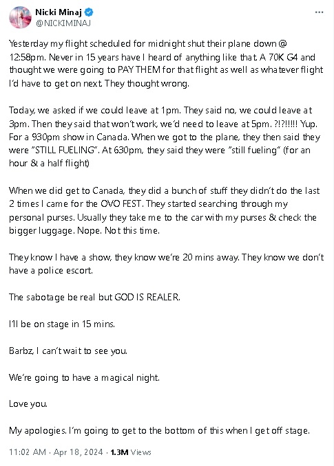 演唱会迟至晚上11时才开场 妮琪米娜斥被​航班海关延误