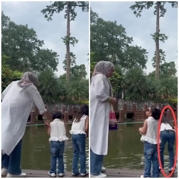 视频|桥边喂鱼失衡滑倒 母亲下秒跳下池塘救女儿