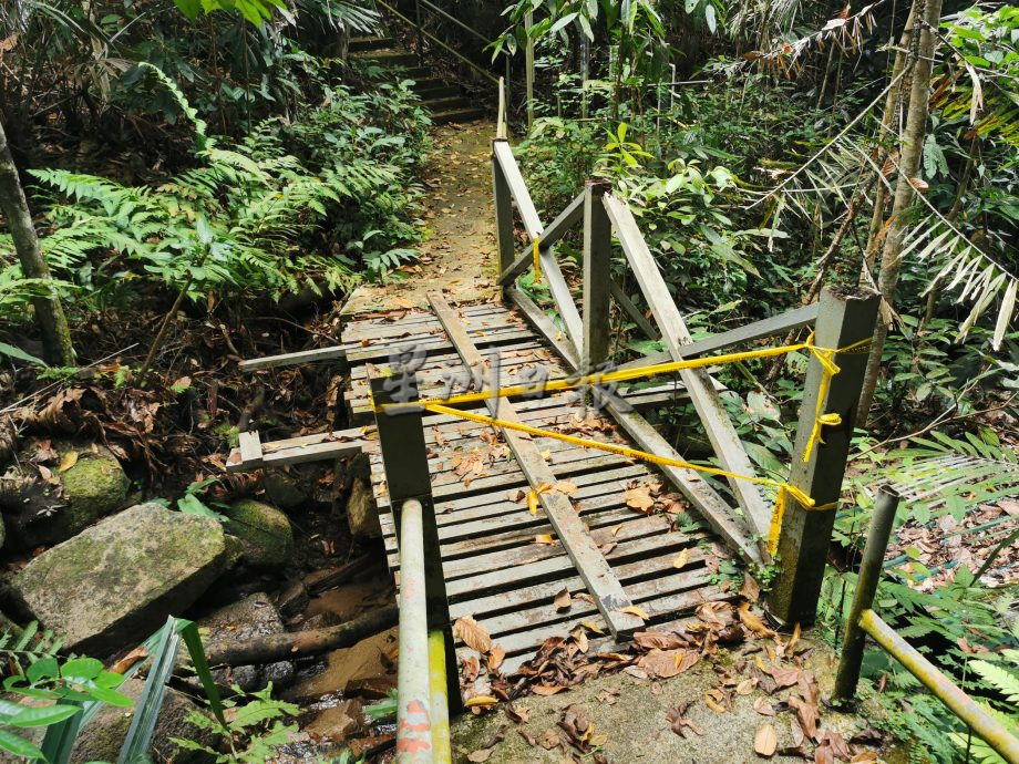 *已签发*柔:民生特工队:峇龙华山庄休闲森林设施年久失修,登山客步步惊心