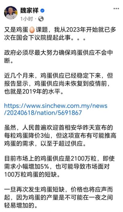 国:魏家祥:鸡蛋降价或适得其反,为人民带来更大冲击