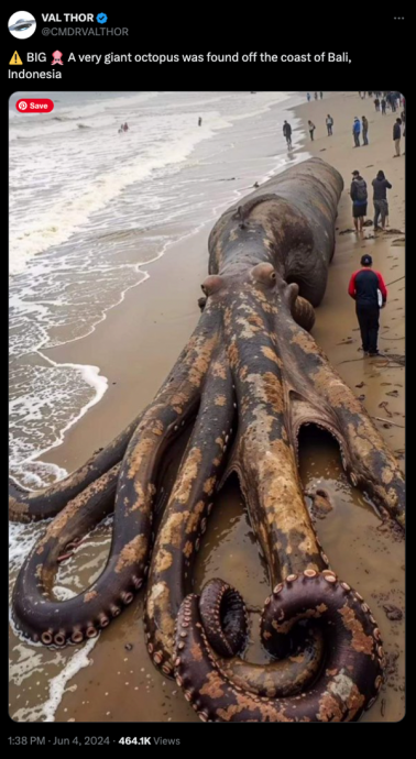 (求真)印尼海滩惊现巨型章鱼? 实为AI照片