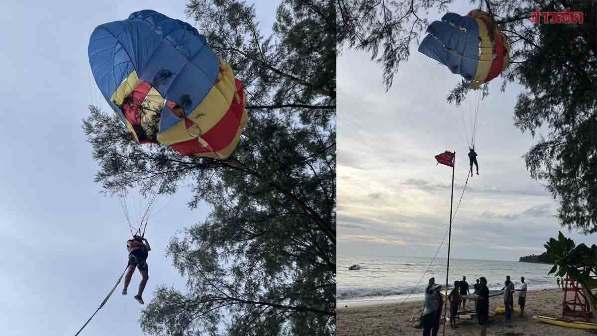 普吉玩拖拽伞 外国游客高挂树上