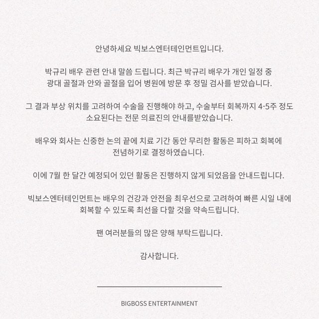 KARA朴奎利颧骨骨折 活动叫停养伤