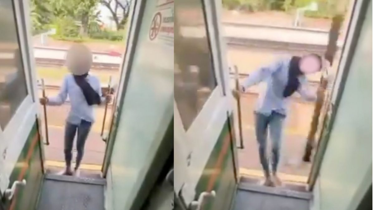 视频|身体倒挂车外 头被铁柱击中 女子搭列车拍片玩命!