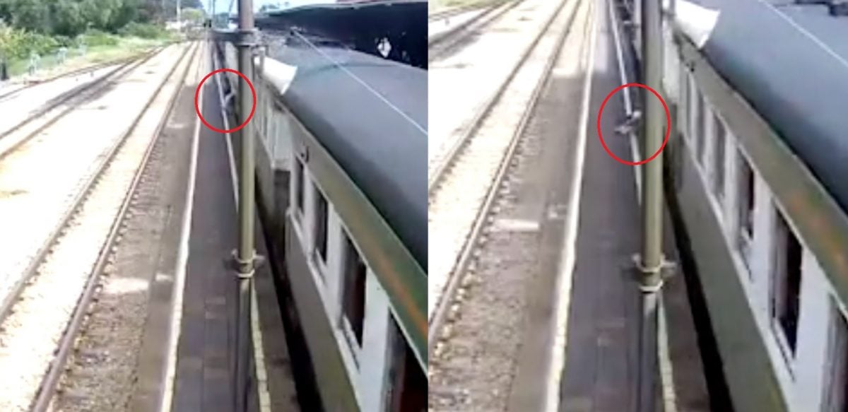视频|身体倒挂车外 头被铁柱击中 女子搭列车拍片玩命!