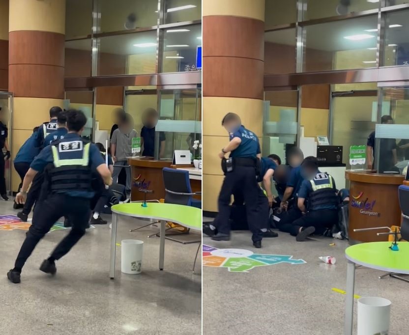 釜山区公所发生随机砍人!警英勇肉身压制 中年男遭电击粗口回击