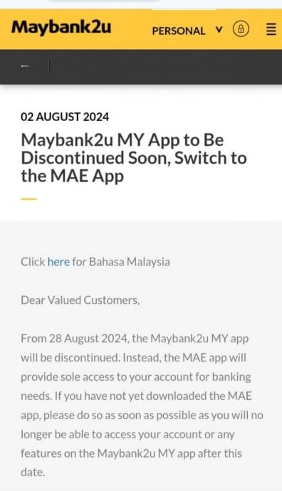 MAE取代 Maybank2u 828终止服务