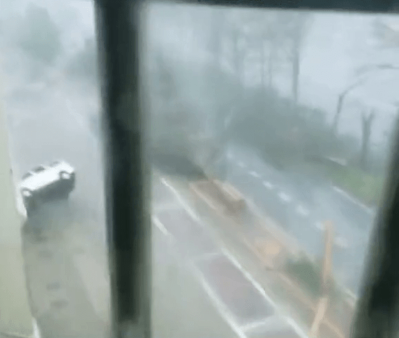 台风摩羯登陆海南 17级风吹倒面包车