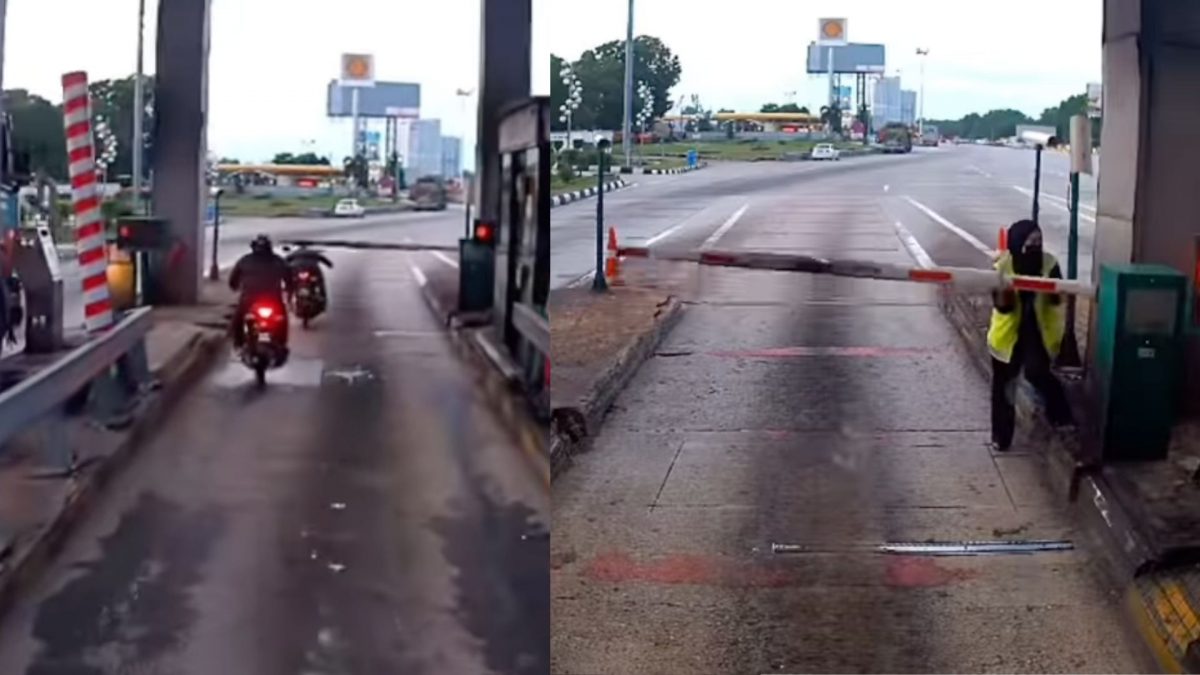 视频|骑士躲警方路障闯祸? 收费站闸杆被撞歪故障