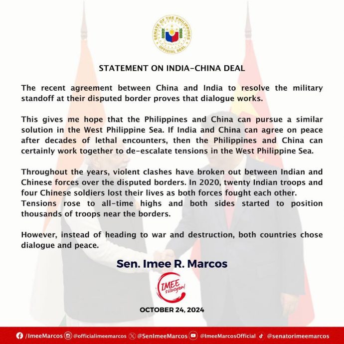 借镜印中协议 菲总统长姊希望能话化解南海冲突