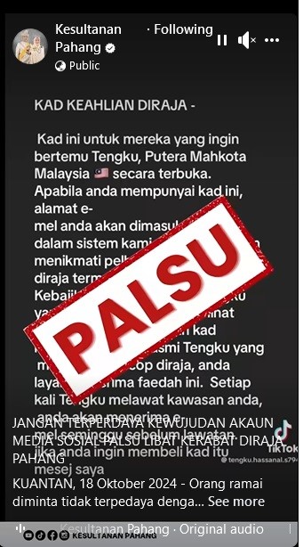 全国版/求真:彭亨王室敦促公众,不要被假冒彭亨苏丹阿都拉及苏丹后东姑阿兹莎阿米娜的社交媒体账号误导