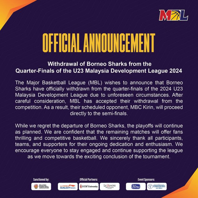 大马U23发展联盟季后赛| 婆罗洲鲨鱼退赛  甲麒麟直闯4强