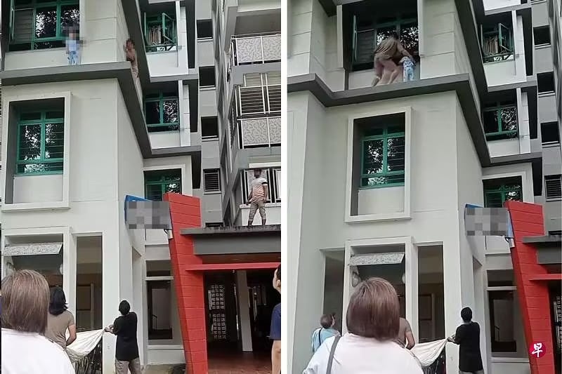 *已签发*柔:狮城二三事:幼童僵站狮城组屋3楼窗沿 男子冒险上前解救