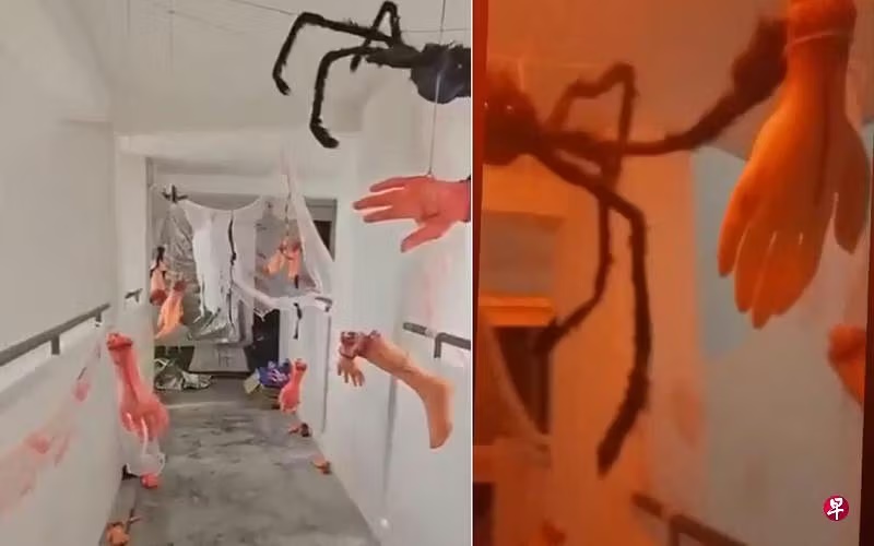 *已签发*柔:狮城二三事:狮城文庆组屋走廊挂“断肢” 万圣节装饰惹议