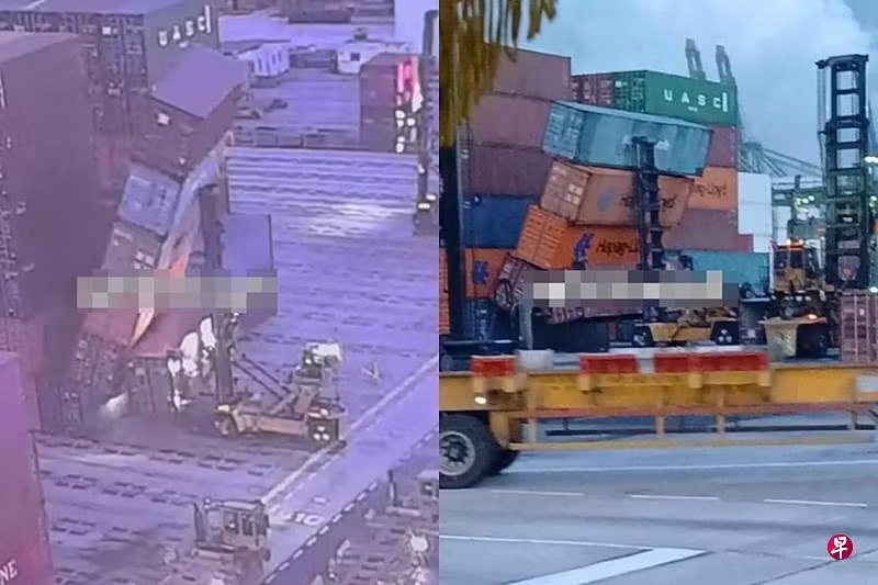 *已签发*柔:狮城二三事:狮城巴西班让码头集装箱倒下 叉车司机被砸伤送院