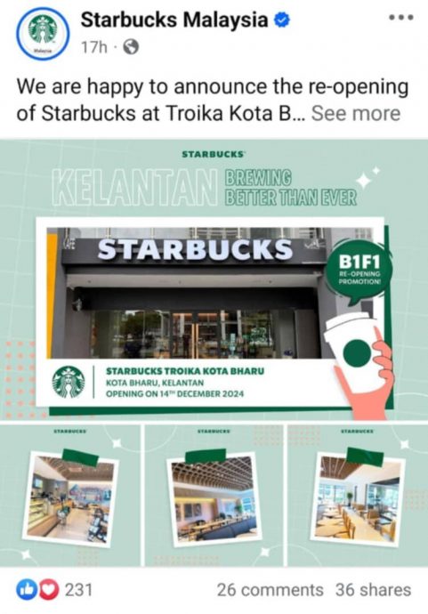 全国:位于丹州哥打峇鲁市的3家星巴克陆续熄灯结业后,其中一家又在今天重新营业,咖啡迷闻风而至,并享受“买一送一”的优惠。