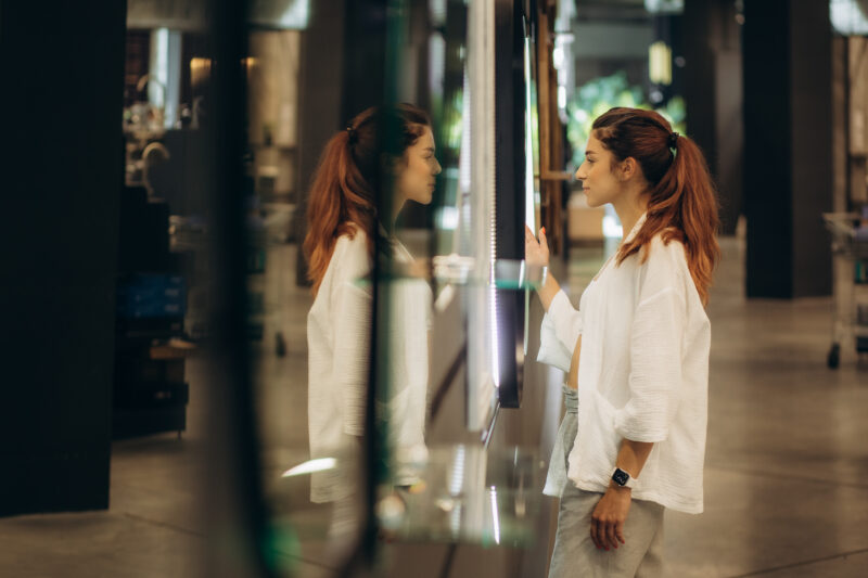 The Woman Chooses A Mirror For The Wall At Home