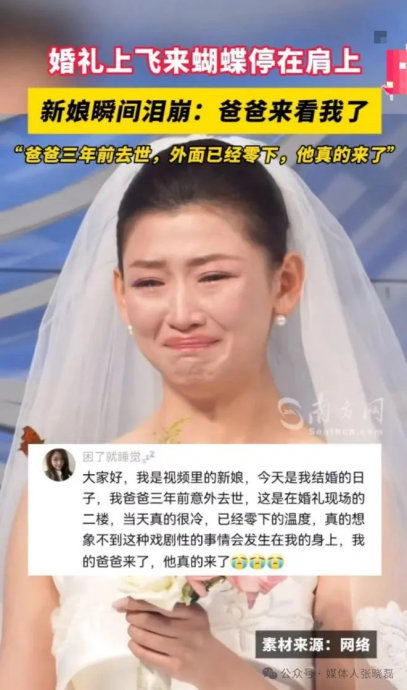 婚礼惊现蝴蝶停肩膀吻脸颊 新娘感动落泪:“爸爸没食言!”