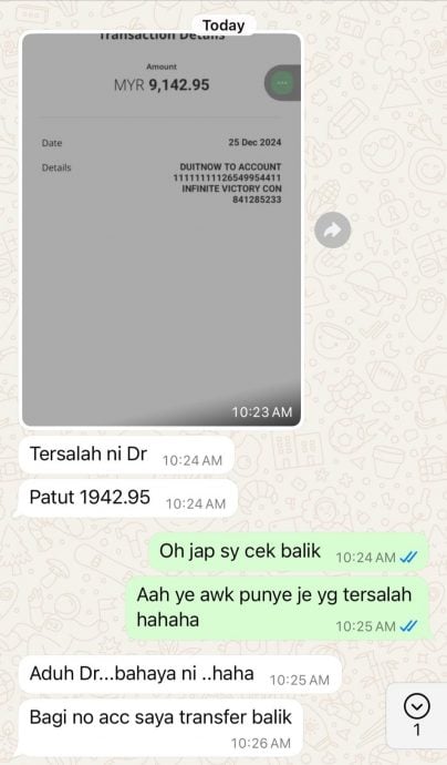 薪水RM1942收到RM9142 诚实员工归还RM7200