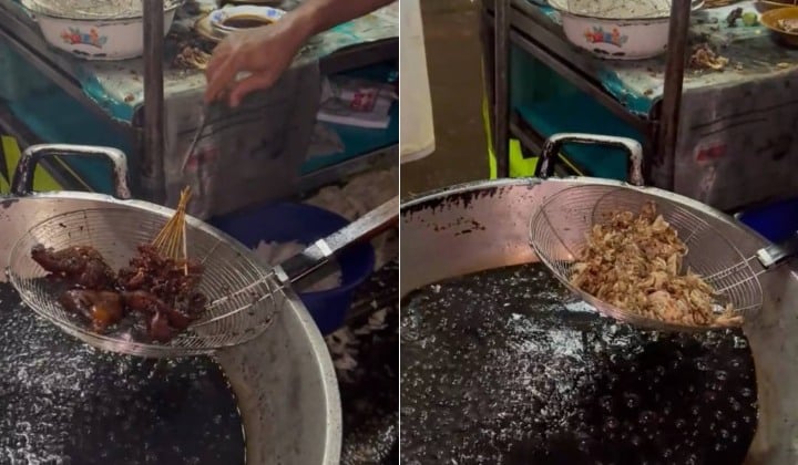 视频|包菜鸡腿肠串一锅炸 顾客排队买 网民惊呆:这是汽车黑油?