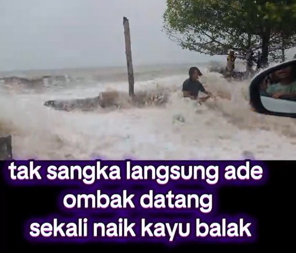 视频|惊魂时刻!岸边拍照遭浪袭 还险遭树干击中