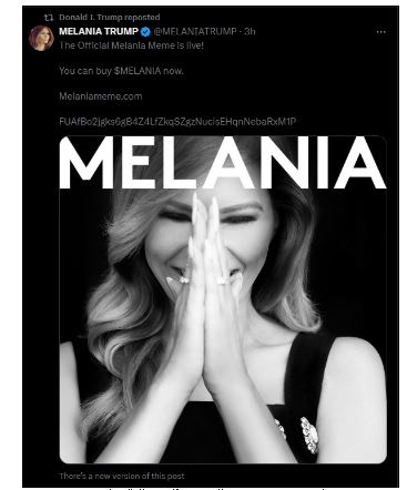 追随特朗普脚步 梅兰妮推迷因币秒赚数十亿