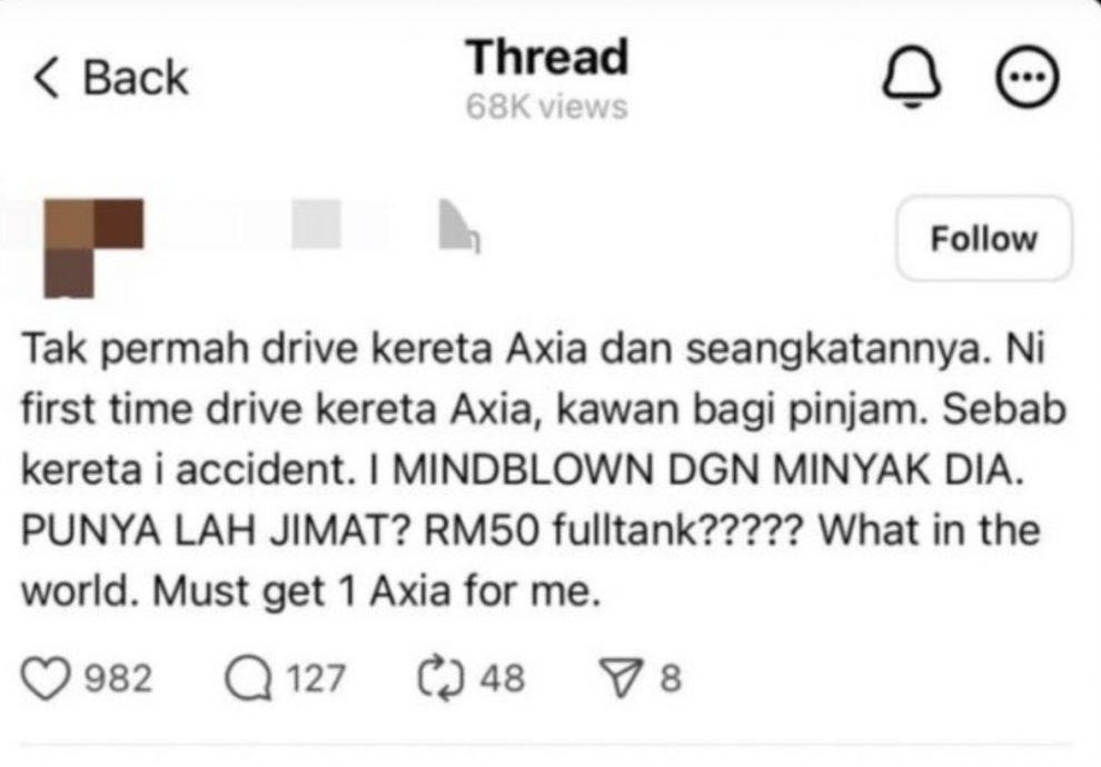 首开Axia秒变头号粉丝 “满缸才RM50太省油了!”