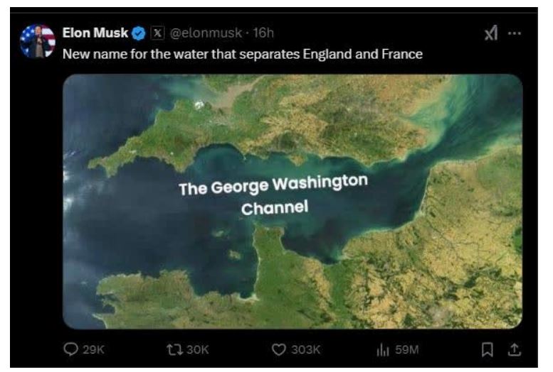 马斯克建议把英吉利海峡 改名为乔治华盛顿海峡
