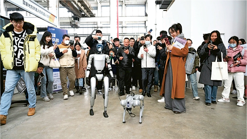 图与文)宇树科技人形机器人 牵绳「遛」机器狗