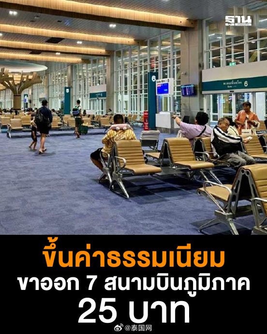 泰国7大机场离港旅客服务费上调25泰铢