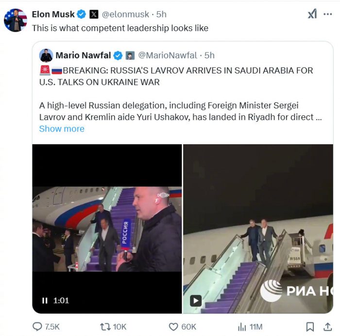 马斯克:俄外长等人才是称职领导人的样子
