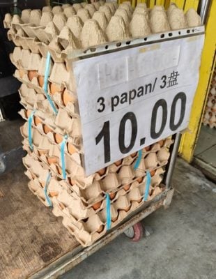 Chicken eggs are extremely cheap, selling at 90 eggs for RM10