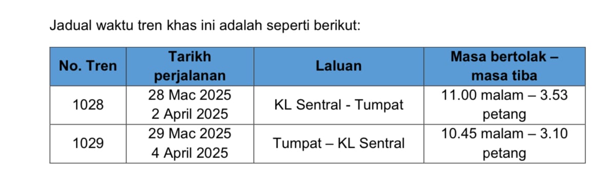 东海岸开斋节特别火车服务 今天开售4趟共1248张票