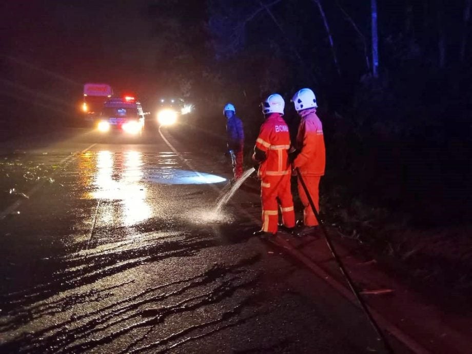 东：一辆长巴为闪避路旁倒下的大树紧急煞车，尾随的2辆罗里来不及反应而相继撞上。