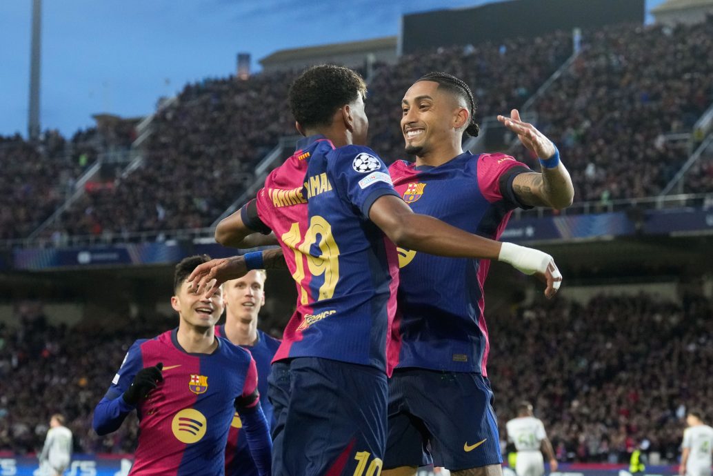 欧冠杯16强次回合| 单场最年轻传射率巴塞双杀宾菲加  亚马尔：我的世界波确实精彩