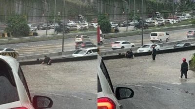 马路淹水轿车滞留难行  骑士淋雨徒手通沟获赞